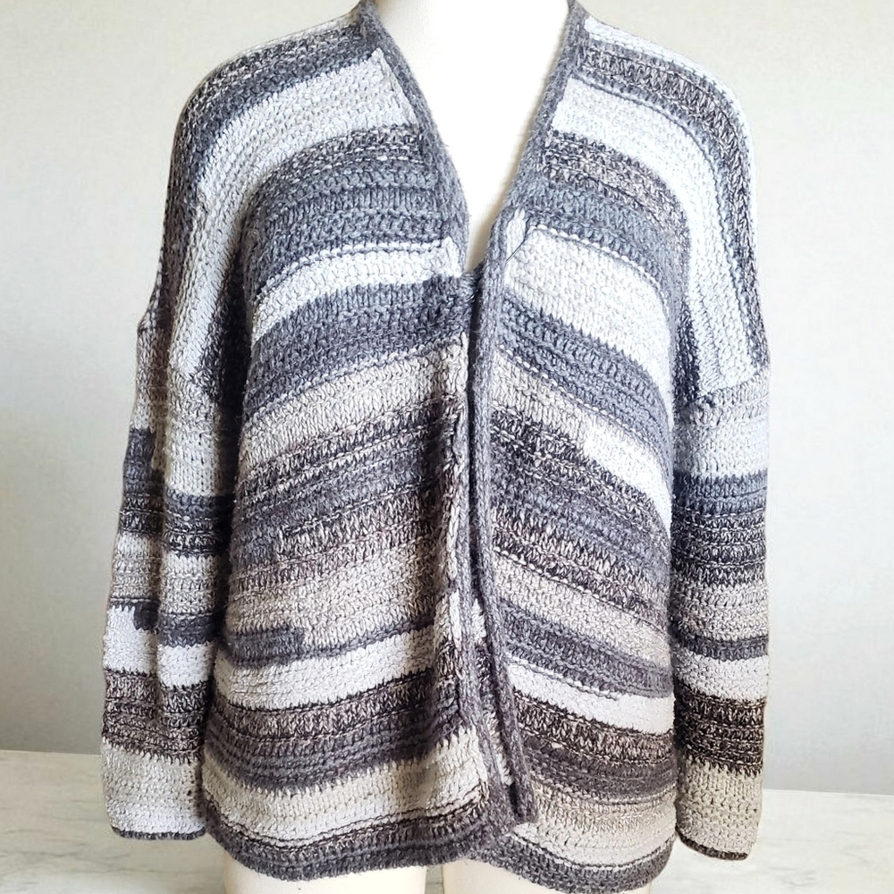 J. Jill Cardigan Womens Gray LP Striped Lagenlook Oversized Crochet Cozy Sweater